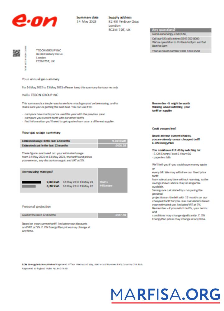 Printable E.ON UK utility business bill, SCR sample